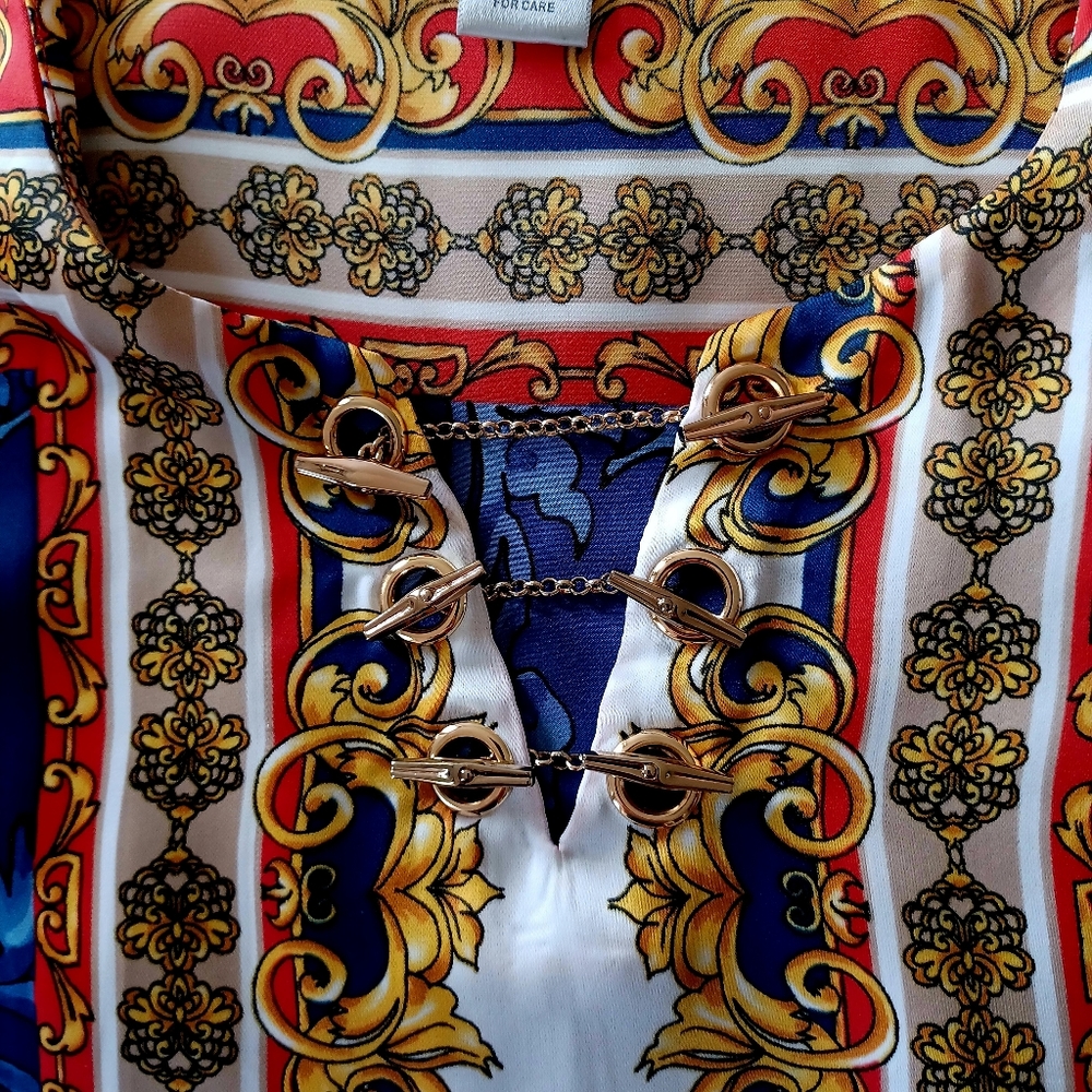 CACHE Blue & Red Blouse with Chains, size S - Picture 4 of 16